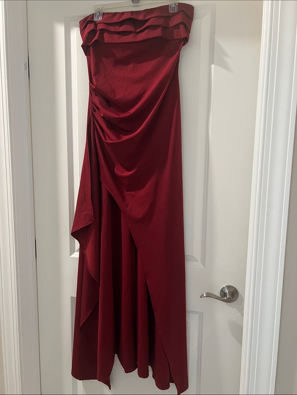 Strapless Burgundy Draped Evening Dress